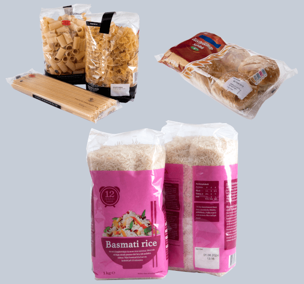 Coding, inspection and labelling of pouches for rice, bread, pasta and derivatives